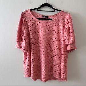 Kim & Cami Women’s plus Size 1X Pink Eyelet Short Ballon sleeve Top  ooastal